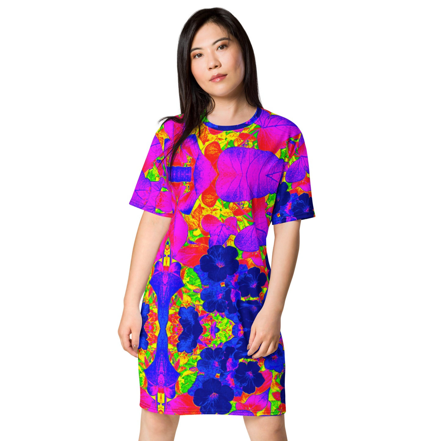 Neon Leaves All-Over Print T-shirt Dress Front