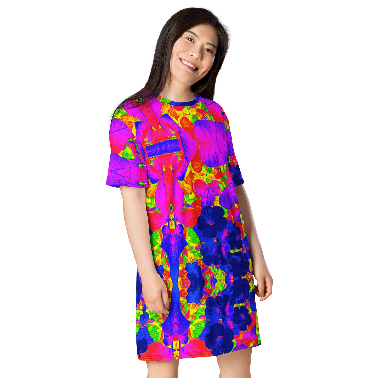 Neon Leaves All-Over Print T-shirt Dress Right Front